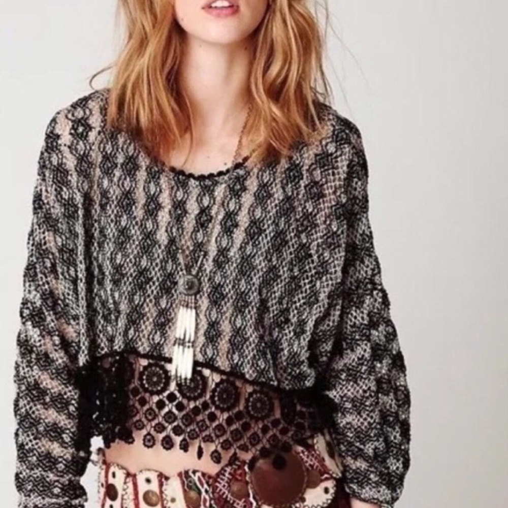 Free People Black and Cream Cropped Knit Lace-Trim Top